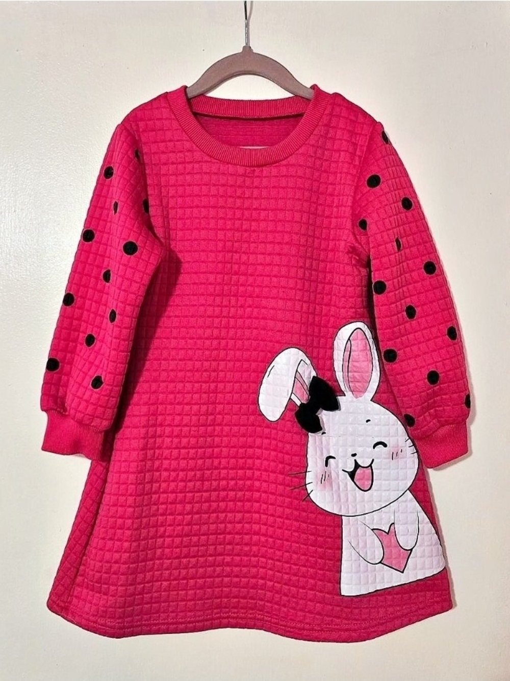 Girls Hot Pink Quilted Bunny Appliqué Dress,  Size 5